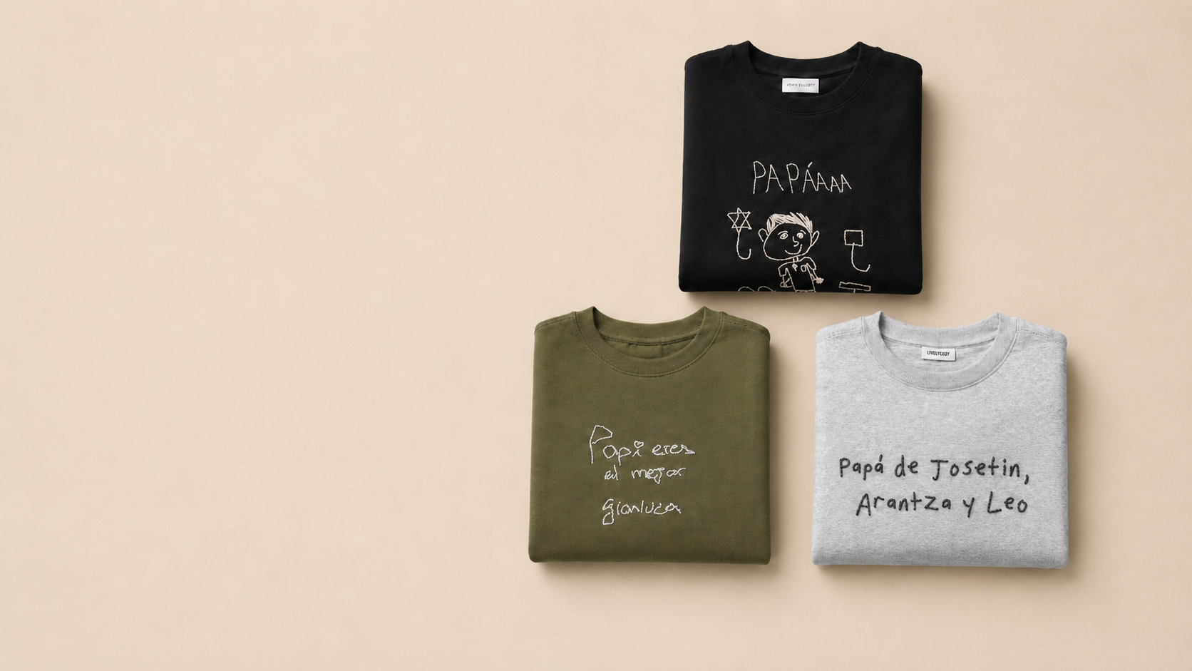 Poleras personalizadas con dibujos y frases bordadas por niños — Papá de Josetin, Arantza y Leo